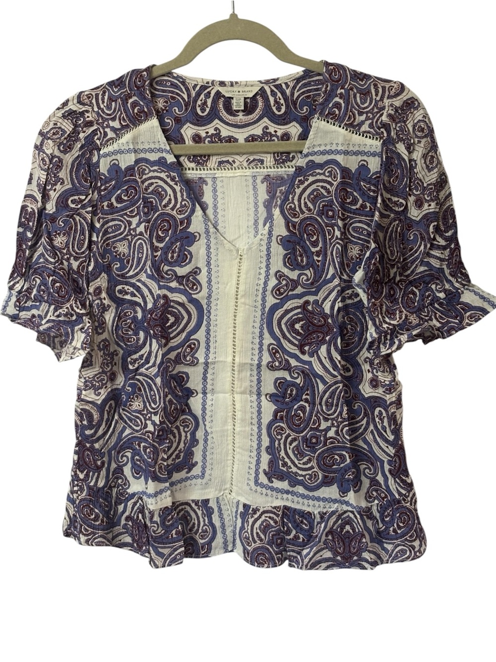 Lucky Brand Boho Paisley Print V-Neck Short Sleeve Ruffle Tunic Blouse sz S
